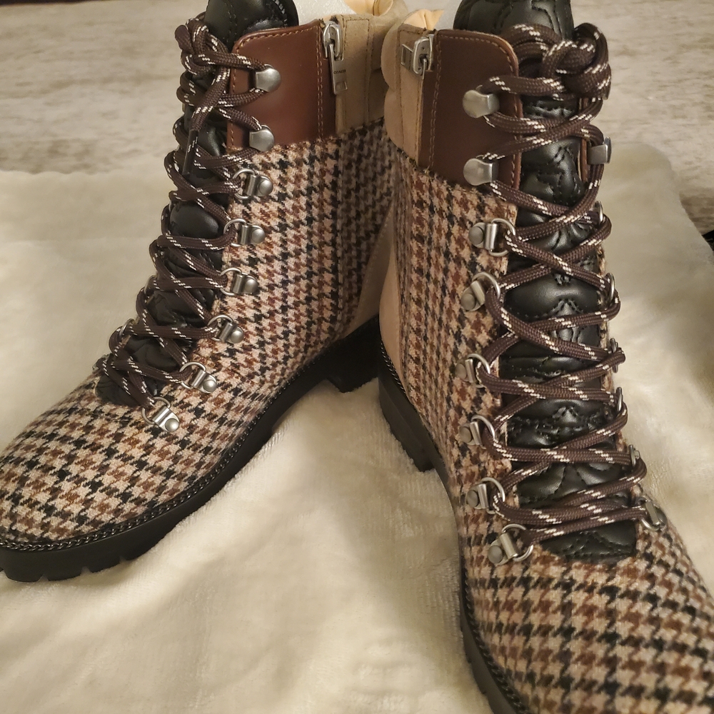 Coach Houndstooth Lace-Up Boots in Brown and Cream